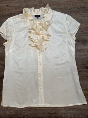TalbotsSilk Cotton Ivory Ruffle Front Short Sleeve Blouse